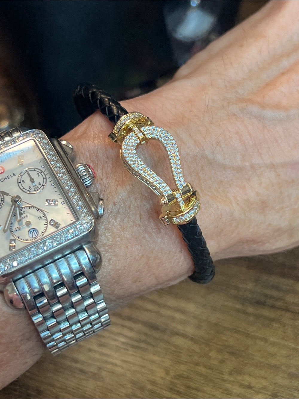 Black Braided Leather Bracelet with Gold-Tone Clasp